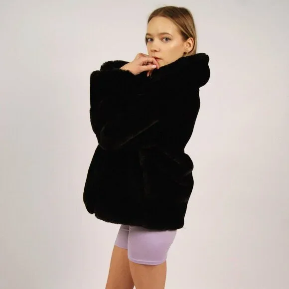 Y2K Fur Coat (S) small black faux womens vintage soft bomber glam winter cool - Picture 2 of 8